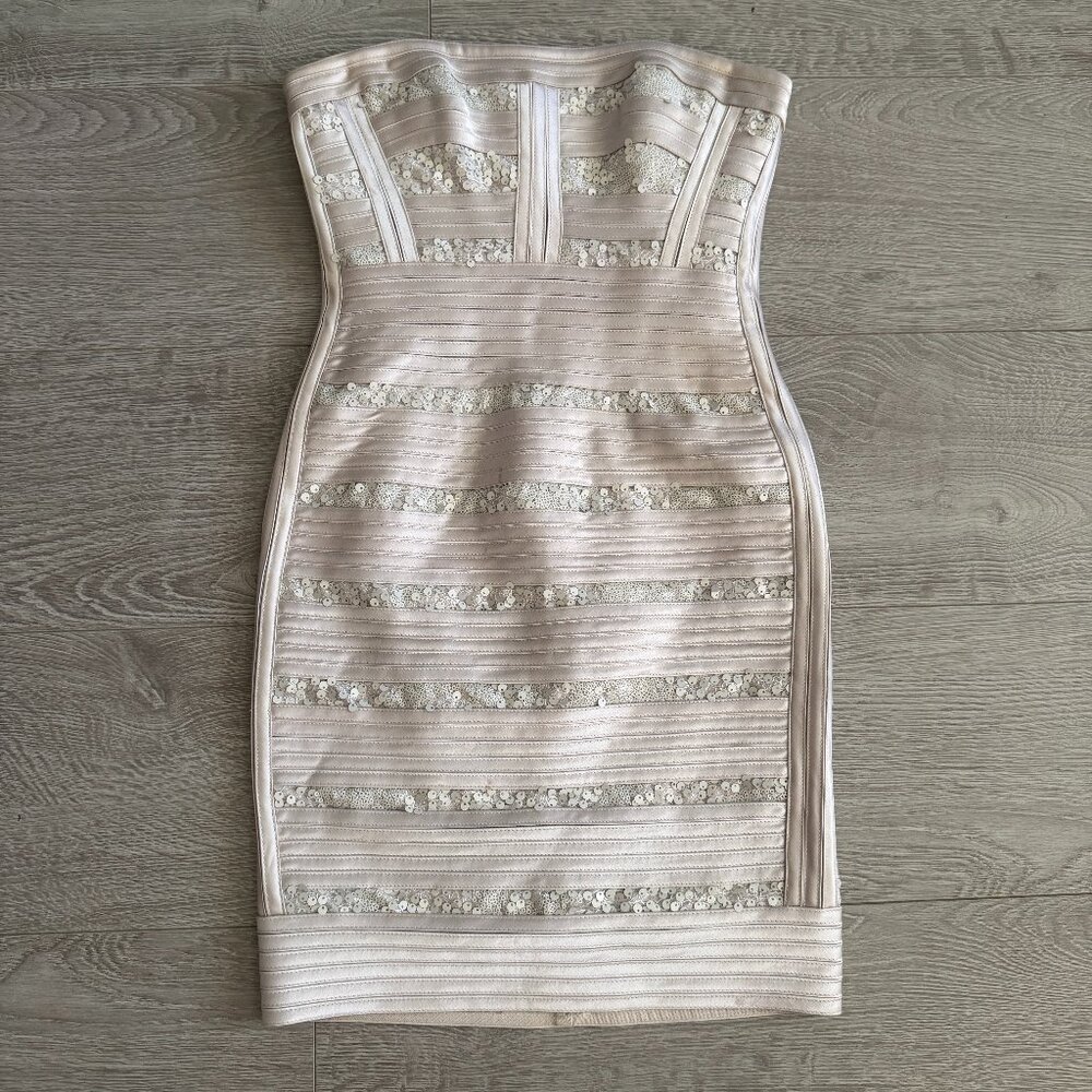 BCBGMAXAZRIA Strapless Mini Bandage Dress Champagne Sequin Size 0